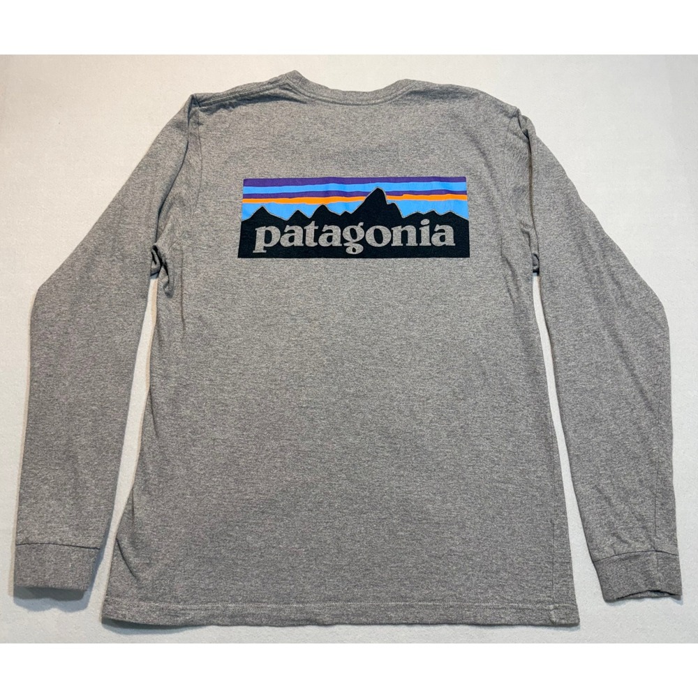 Patagonia Mens 100% Cotton Long Sleeve T-Shirt Fitz Roy‎ Logo Grey S